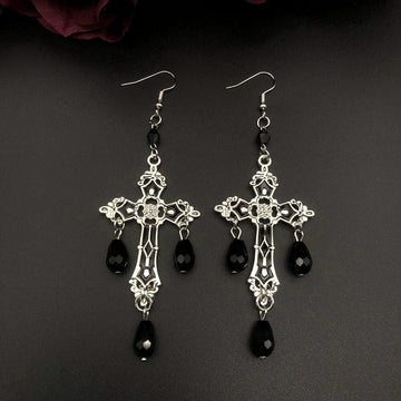 Gorgeous Fashion Black Cross Garnet and Crystal Chandelier Earrings - Large Gothic Statement Christian Jewellery - The Jewellery Supermarket